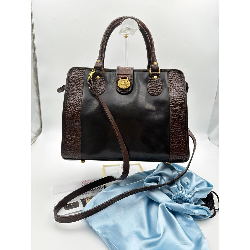 VTG Brahmin Black Leather Croc Embossed Doctor Bag Satchel Shoulder Bag & Strap